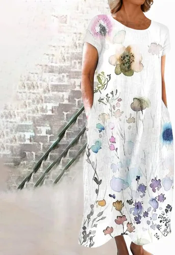 Vista 2 de Vestido cóctel Mujer bolsillos Floral Maxi Vestidos fluidos Manga Corta Fiesta Vestido Calle Cuello Redondo 2023
