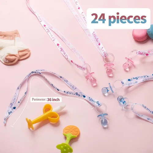 Vista 3 de ZYFLSQ Collar con 24 chupetes para baby shower, 30 mini chupetes acrílicos con dijes para revelación de género, decoraciones de fiesta (rosa y azul)