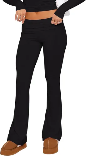 Vista 2 de Pantalones de yoga plegables para mujer, corte de bota, acampanados, pantalones de tiro bajo, pantalones de descanso, Negro