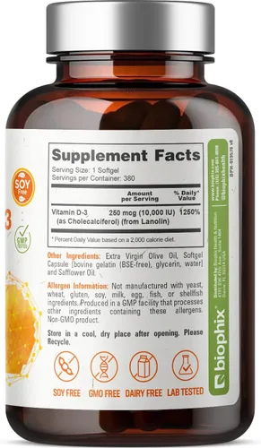 Vista 2 de biophix Vitamina D-3 10000 UI 380 cápsulas blandas - Alta potencia en aceite de oliva virgen extra sin OMG sin soja apoya la salud inmunológica