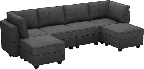 Vista 7 de Belffin Sofá en forma de U Sofá modular reversible de almacenamiento otomano Sofá de 6 plazas sofás grandes Sofá en forma de U Negro
