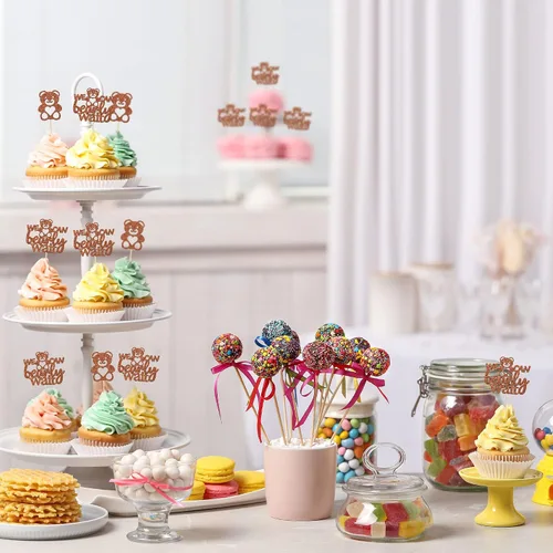 Vista 5 de Gyufise 24 piezas de decoración para cupcakes con texto en inglés «We Can Bearly Wait» («We Can Bearly Wait») para cupcakes con purpurina marrón