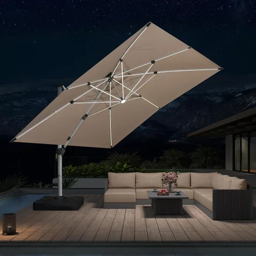 Vista 60 de PURPLE LEAF Sombrilla de patio de 9 x 12 pies con luces, sombrilla rectangular voladiza para exteriores, funciona con energía solar, LED