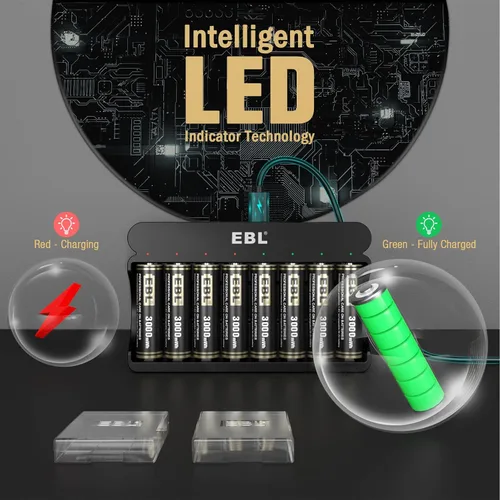 Vista 7 de EBL Paquete de 8 baterías AA recargables Ni-Zn de 3000 mWh con cargador de batería Ni-Zn de 8 bahías, batería doble A de 1.6 V de alto rendimiento