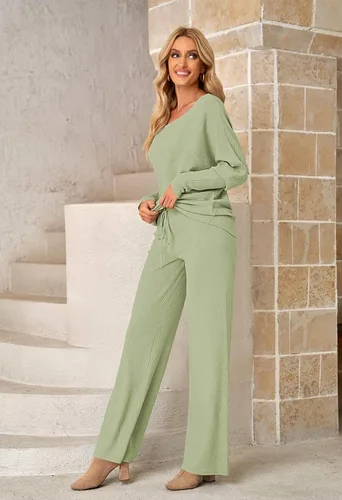 Vista 4 de Meenew Womens Long Sleeve Knit Pullover Sweater Wide Leg Pants Outfits 2 Piece Sweatsuit Knitted Lounge Set