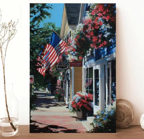 Vista 6 de JDBeehpy 1pcs Framed American Flag Wall Art Patriotic Poster Printing July 4th Patriotic Wall Decoration Street View Flower Painting Farmhouse