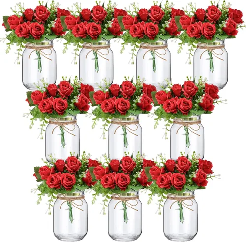 Vista 11 de XunYee Juego de 10 centros de mesa con tarro de albañil de flores, jarrones decorativos para fiestas de compromiso, despedidas de soltera, centros