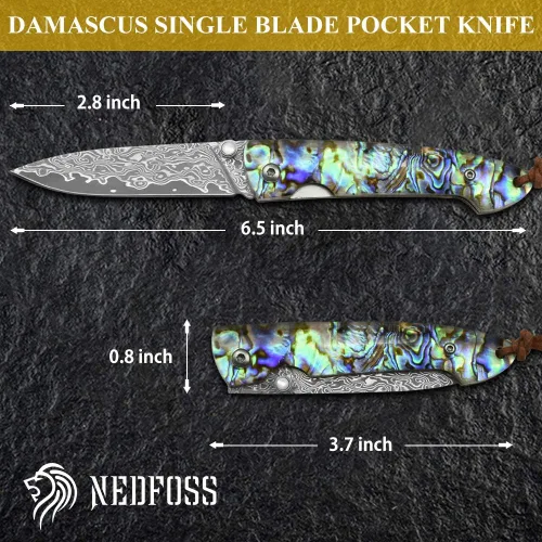 Vista 6 de Cuchillo de bolsillo NedFoss, cuchillo de bolsillo de Damasco con mango de concha de abalón, cuchillo plegable de acero Damasco forjado hecho a mano
