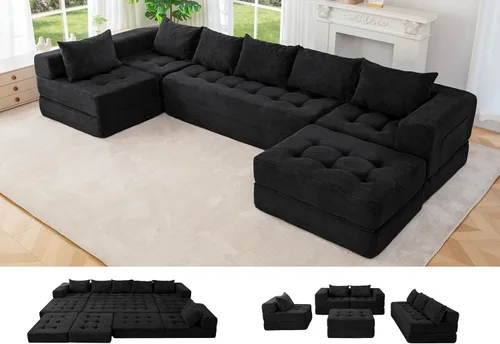 Vista 10 de MAXYOYO Sofá modular seccional, sofá plegable en forma de U con almohadas, sofá tumbona copetudo de 6 asientos sin huesos para sala de estar,