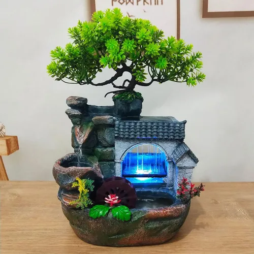Vista 10 de Fuente de agua de mesa, mini fuente de cascada silenciosa con luces LED coloridas y atomizador, silenciosa rocalla de escritorio para relajación