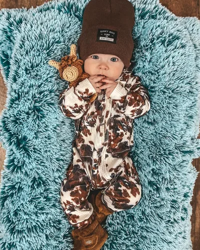 Vista 2 de FIOMVA Newborn Western Baby Boy Clothes Highland Cow Print Onesie Jumpsuit Fall Outfit Zipper Cowboy One Piece Romper