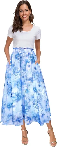 Vista 15 de Afibi Falda de gasa con estampado floral de cintura alta para mujer, estilo swing, de playa, midi, larga con bolsillos Negro