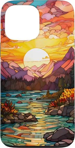 Vista 24 de iPhone 16 Sunset Stained Glass Mosaic Landscape Scene Case