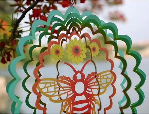 Vista 5 de Kinetic - Adorno colgante de metal 3D con diseño de abeja y viento para el hogar y el jardín, diseño de mandala de abeja de 12 pulgadas, molinos