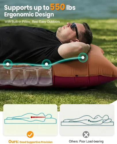 Vista 3 de Colchoneta de dormir para campamento, de 5.9 pulgadas de grosor, con almohada integrada y bomba de pie, almohadilla de dormir autoinflable