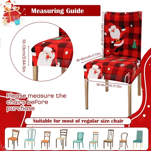 Vista 2 de Macarrie Juego de fundas elásticas para sillas de Navidad, fundas protectoras para sillas estampadas, lavables, elásticas, a cuadros rojos y negros