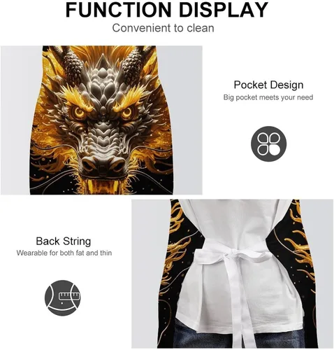 Vista 6 de MUSM Apron for Adults - 27.6 X 31.5 Inch, Heavy-Duty Polyester Aprons with Two Large Pockets, Waterproof Golden Dragon Head Kitchen Apron for