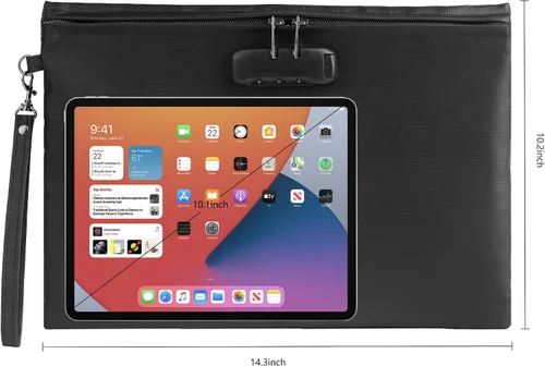 Vista 5 de Bolsa de documentos ignífuga de 2000℉ con bloqueo de contraseña, color negro, 14.3 x 10.2 pulgadas, bolsa de dinero ignífuga para efectivo
