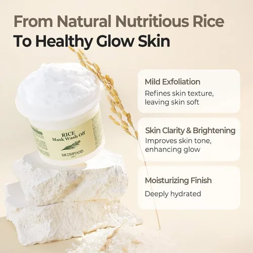 Vista 4 de SKINFOOD Mascarilla de arroz para lavar 3.5 onzas, exfolia suavemente la piel, ilumina y suaviza con arroz rico en nutrientes