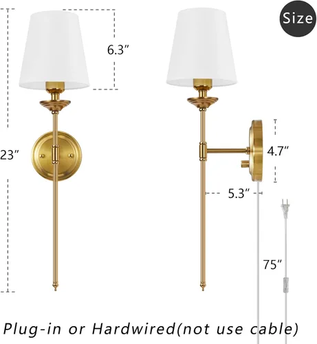Vista 5 de Juego de 2 apliques de pared regulables enchufables, lámpara de pared dorada para mesita de noche con interruptor regulador de perilla y cable