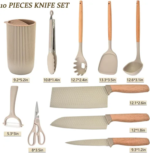 Vista 16 de Juego de cuchillos de cocina profesionales de 10 piezas con bloque universal de cuchillos, herramientas de cocina antiadherentes resistentes al Caqui