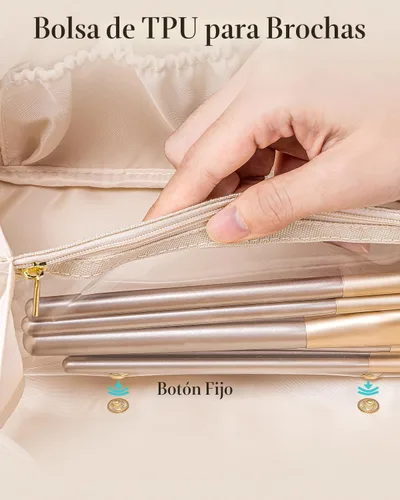 Vista 6 de Vlando Bolsa de maquillaje de viaje, neceser para mujer, piel sintética, abierta, plana, bolsa de maquillaje, Clásico elegante