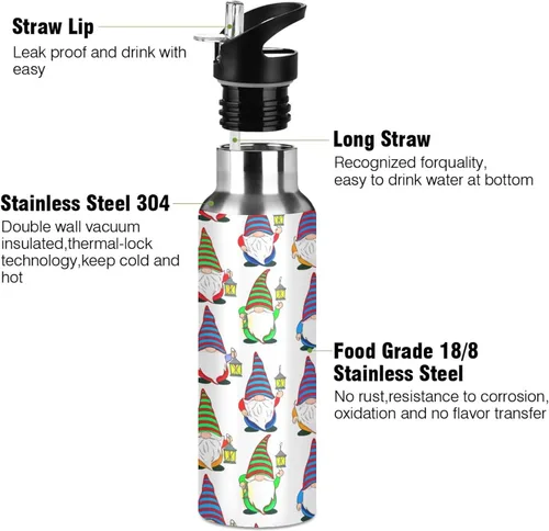 Vista 3 de Insulated Stainless Steel Water Bottle with Straw 20 Oz, Leakproof Water Bottles for Gym Outdoor Travel School, Cute Gnomes