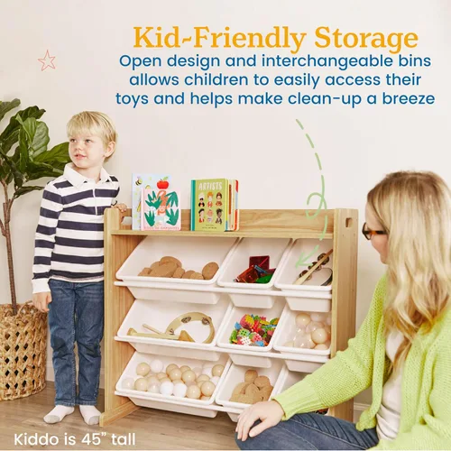 Vista 5 de ECR4Kids Organizador de 3 niveles con estante y 9 contenedores, almacenamiento para juguetes, natural oscuro/blanco