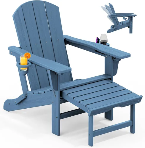 Vista 26 de KINGYES Silla Adirondack plegable ajustable con otomana y 2 portavasos, silla reclinable Adirondack HDPE con reposapiés, Aruba