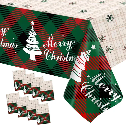 Vista 14 de Mantel de Navidad, 2 piezas de mantel de Navidad desechable para mesa rectangular, 54" x 108" de plástico con diseño de copo de nieve, árbol