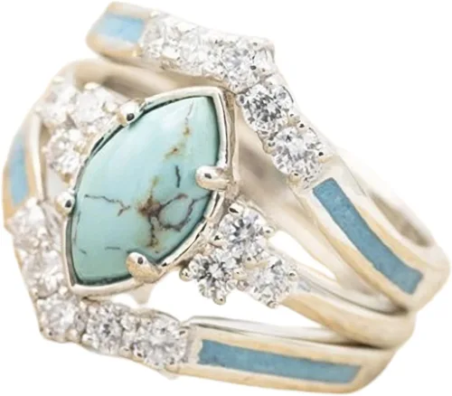 Vista 6 de Pingyongchang Juego de 3 anillos de diamantes turquesa natural, anillos de color plateado para mujer, joyería brillante con piedras preciosas