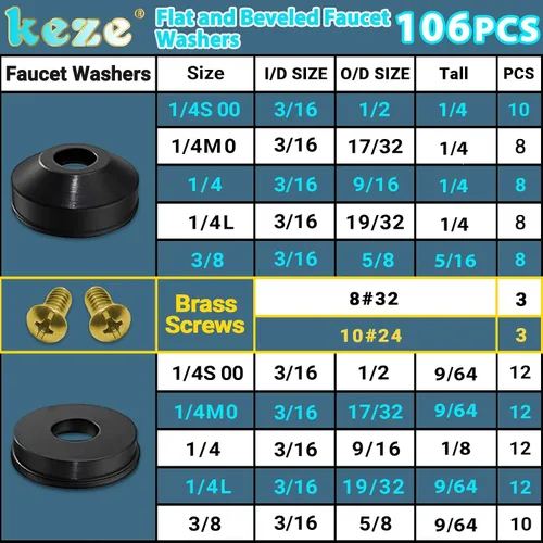 Vista 2 de KEZE Kit Surtido de 96 Piezas de Arandelas para Grifos de 10 Tamaños con Tornillos Bibb de Latón, Surtido de Arandelas de Goma Planas y Biseladas