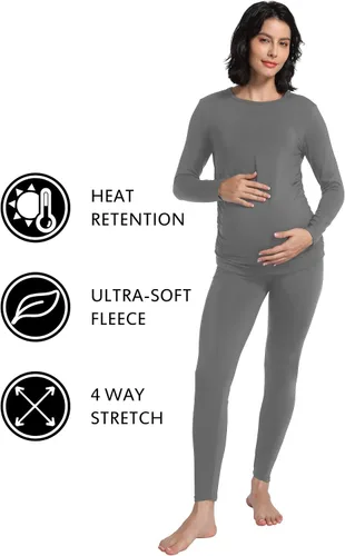 Vista 4 de Foucome Conjunto de ropa interior térmica de maternidad, conjunto de pijama largo con forro polar para mujeres embarazadas