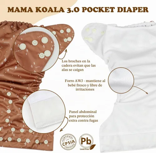 Vista 5 de Mama Koala Pañales de tela 3.0 para bebés con forro AWJ, paquete de 6 con 12 insertos de pañales de tela de bambú de 5 capas (sin microfibra)