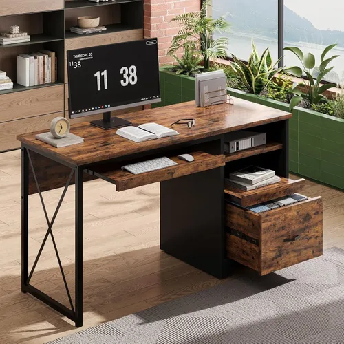 Vista 16 de Bestier - Escritorio de computadora de 48 pulgadas con cajones, escritorio de oficina con almacenamiento, escritorio de escritura de madera Cereza