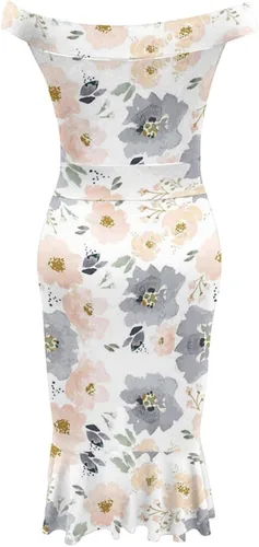 Vista 4 de iQKA Vestido de cóctel sexy para mujer, con dobladillo con volantes, estampado floral, cuello en V, sin mangas, vestido de tubo