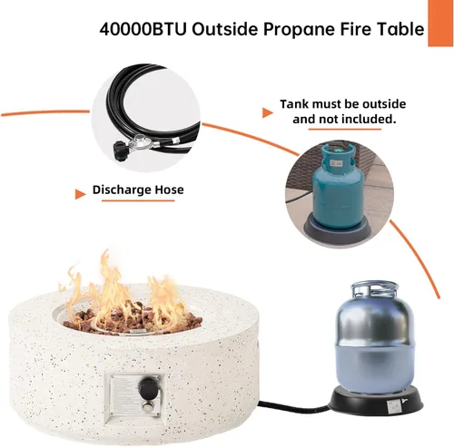 Vista 5 de HOMPUS Fogata de propano para exteriores, 40,000 BTU de 28 pulgadas, mesa redonda de hormigón de terrazo blanco con rocas de lava y cubierta