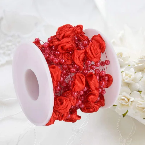 Vista 4 de 32.8 ft/roll 0.118 in Rose Artificial Pearl Wire Beads Garland String Decoración de la boda, cuentas de cristal de imitación (rojo)