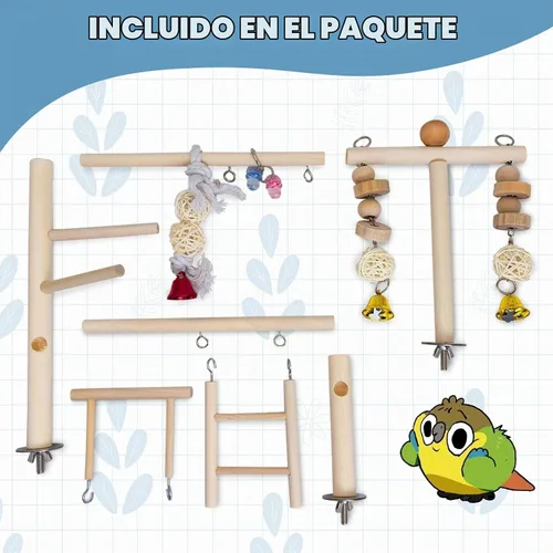 Vista 6 de PINVNBY Parque infantil para pájaros, loro, gimnasio, periquitos, jaula de juego, soporte de madera, perchas, corralito, escalar, juguete