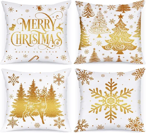 Vista 9 de Lanpn Juego de 4 fundas de almohada de Navidad negras de 12 x 12 pulgadas, fundas de almohada decorativas de invierno, cojín de árbol de Navidad