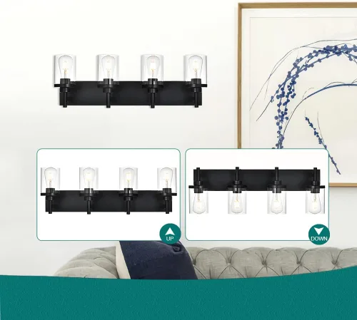 Vista 8 de Lámpara de tocador de baño sobre espejo, lámparas de pared de baño negras, iluminación moderna con pantalla de vidrio transparente, aplique de pared