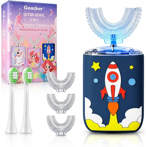 Vista 8 de Cepillo de dientes eléctrico para niños, cepillo de dientes en forma de U, cepillo automático sónico con 5 cabezales de cepillo, 6 modos de limpieza