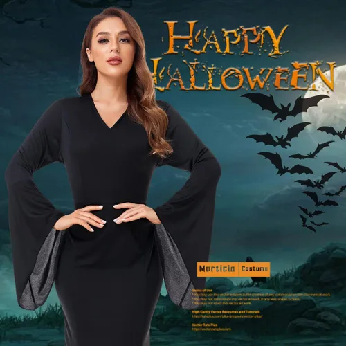Vista 3 de Morticia Addams - Vestido de Halloween para mujer adulta, disfraz familiar Addams, vestido largo con cuello en V y manga larga