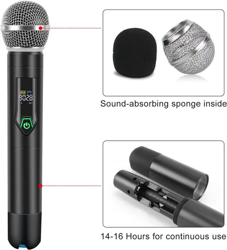 Vista 3 de Sistema de Micrófono Inalámbrico con Estuche, Micrófono Inalámbrico de Metal UHF de Mano Dual de 20 Canales Sistema de Micrófono Inalámbrico