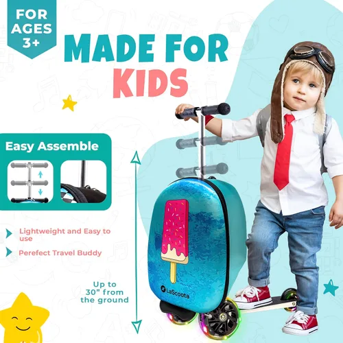 Vista 5 de Lascoota Maleta de scooter, equipaje plegable para niños, equipaje ligero para niños con ruedas, luces LED, maleta gráfica, maleta para niños
