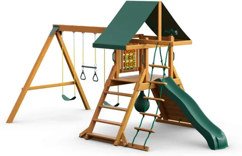 Vista 13 de Gorilla Playsets 01-1059-AP Juego de columpios de madera de punto alto con toldo de vinilo verde, dos columpios, pared de escalada en roca, tobogán