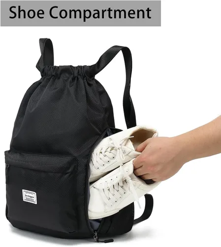 Vista 4 de FUXINGYAO Mochila deportiva con cordón y compartimento para zapatos, mochila de cuerda para mujeres y hombres (negro), Azul, Sencillo y fácil de usar
