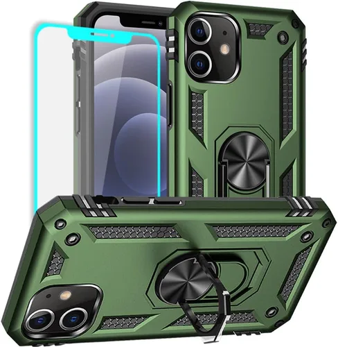 Vista 7 de Yiakeng Funda para iPhone 12 Mini: Funda para iPhone 12 Mini con protector de pantalla HD, fundas protectoras de grado militar con anillo para Verde