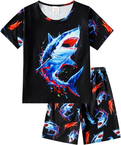 Vista 11 de MyFav - Pijamas para niños grandes de 2 piezas, pantalones cortos, lindos dibujos animados, ropa de dormir 4 piezas Alien