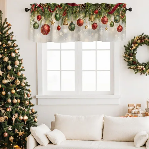 Vista 9 de Christmas Valances for Windows Kitchen Curtains Christmas Balls Bell Window Valance, Gold Star Snowflake Pine Needle Short Topper Window Curtain